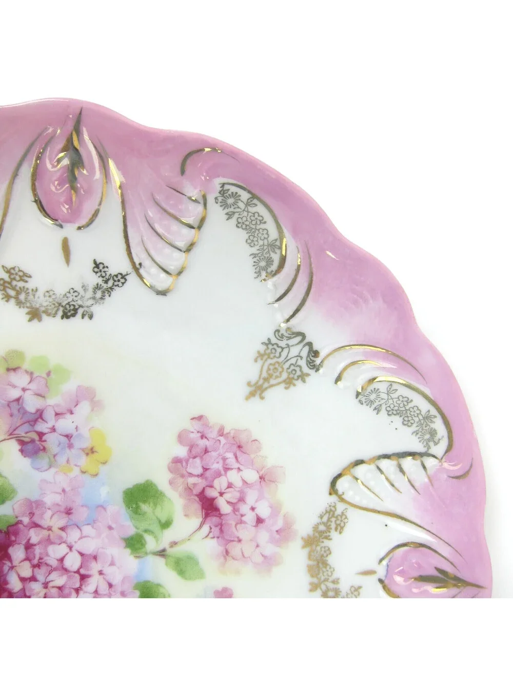 Antique Porcelain Plate Hydrangea Flowers Pink Rim Gold Accents 8
